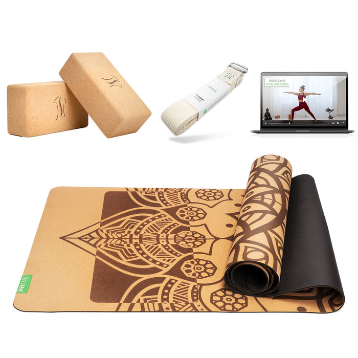 BACKLAXX Meditationsset mit naturfarbenem Meditationskissen und brauner Yogamatte mit Mandala-Muster - Inklusive Online-Yogakurs für ganzheitliche Entspannung
