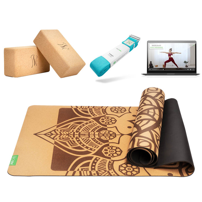 BACKLAXX Yoga-Set mit Mandala-Matte, Kork-Blöcken und petrolblauem Yogagurt - Inklusive Online-Webinaren für ganzheitliches Yogaerlebnis zuhause
