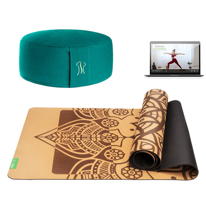 BACKLAXX Meditationsset mit smaragdgrünem Meditationskissen und brauner Yogamatte mit Mandala-Muster - Inklusive Online-Yogakurs für ganzheitliche Entspannung
