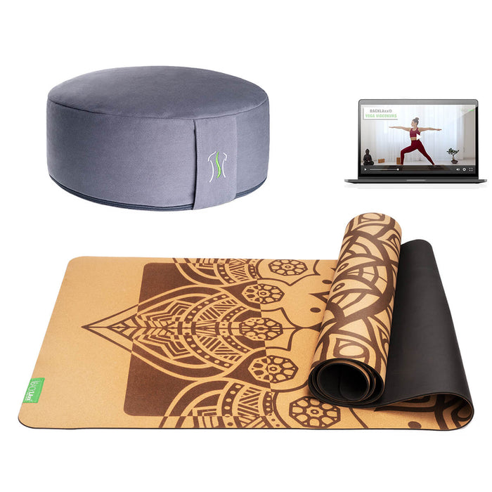 BACKLAXX Meditationsset mit taubenblau Meditationskissen und brauner Yogamatte mit Mandala-Muster - Inklusive Online-Yogakurs für ganzheitliche Entspannung
m