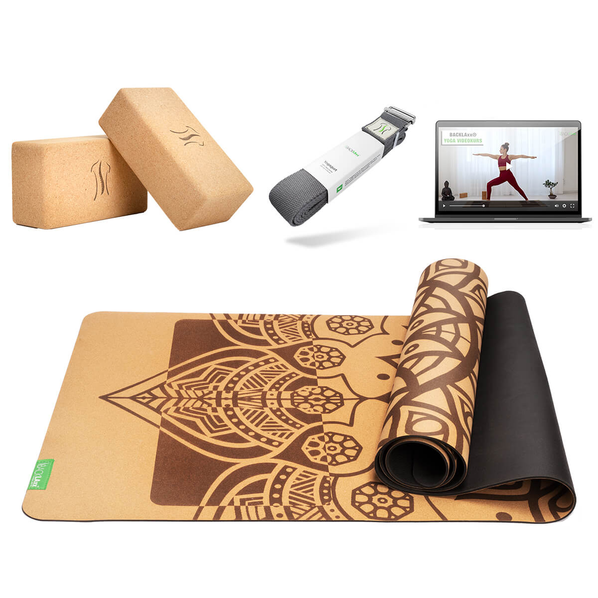 BACKLAXX Yoga-Set mit Mandala-Matte, Kork-Blöcken und grauem Yogagurt - Inklusive Online-Webinaren für ganzheitliches Yogaerlebnis zuhause
