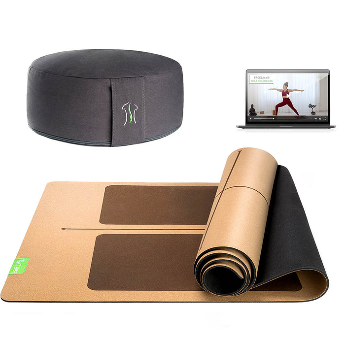 BACKLAXX Meditationsset mit grau Meditationskissen und brauner Yogamatte mit Orientierungslinien - Inklusive Online-Yogakurs für ganzheitliche Entspannung
