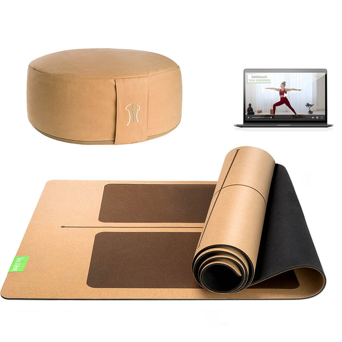 BACKLAXX Meditationsset mit apricotgelb Meditationskissen und brauner Yogamatte mit Orientierungslinien - Inklusive Online-Yogakurs für ganzheitliche Entspannung
