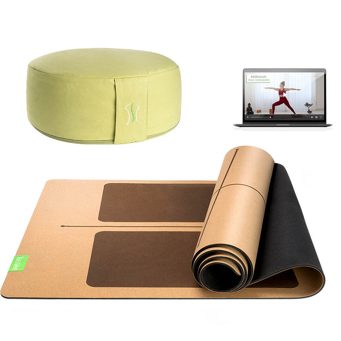 BACKLAXX Meditationsset mit limettengruen Meditationskissen und brauner Yogamatte mit Orientierungslinien - Inklusive Online-Yogakurs für ganzheitliche Entspannung
