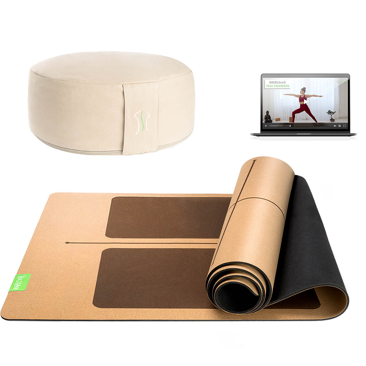BACKLAXX Meditationsset mit naturfarbenen Meditationskissen und brauner Yogamatte mit Orientierungslinien - Inklusive Online-Yogakurs für ganzheitliche Entspannung
