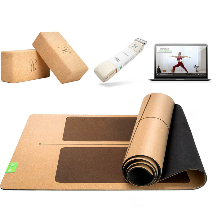 BACKLAXX Meditationsset mit naturfarbenen Yogagurt und brauner Yogamatte mit Orientierungslinien - Inklusive Online-Yogakurs für ganzheitliche Entspannung
