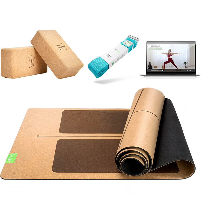 BACKLAXX Yoga-Set mit Matte mit Orientierungslinien, Kork-Blöcken und petrolblauem Yogagurt - Inklusive Online-Webinaren für ganzheitliches Yogaerlebnis zuhause

