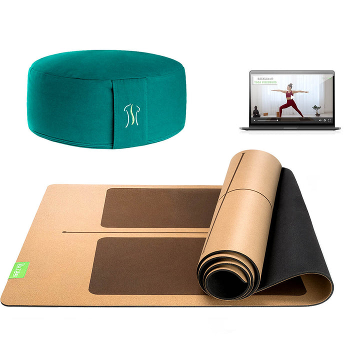 BACKLAXX Meditationsset mit smaragdgruen Meditationskissen und brauner Yogamatte mit Orientierungslinien - Inklusive Online-Yogakurs für ganzheitliche Entspannung
