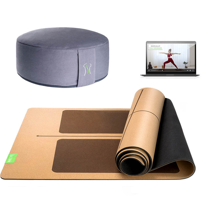 BACKLAXX Meditationsset mit taubenblau Meditationskissen und brauner Yogamatte mit Orientierungslinien - Inklusive Online-Yogakurs für ganzheitliche Entspannung
