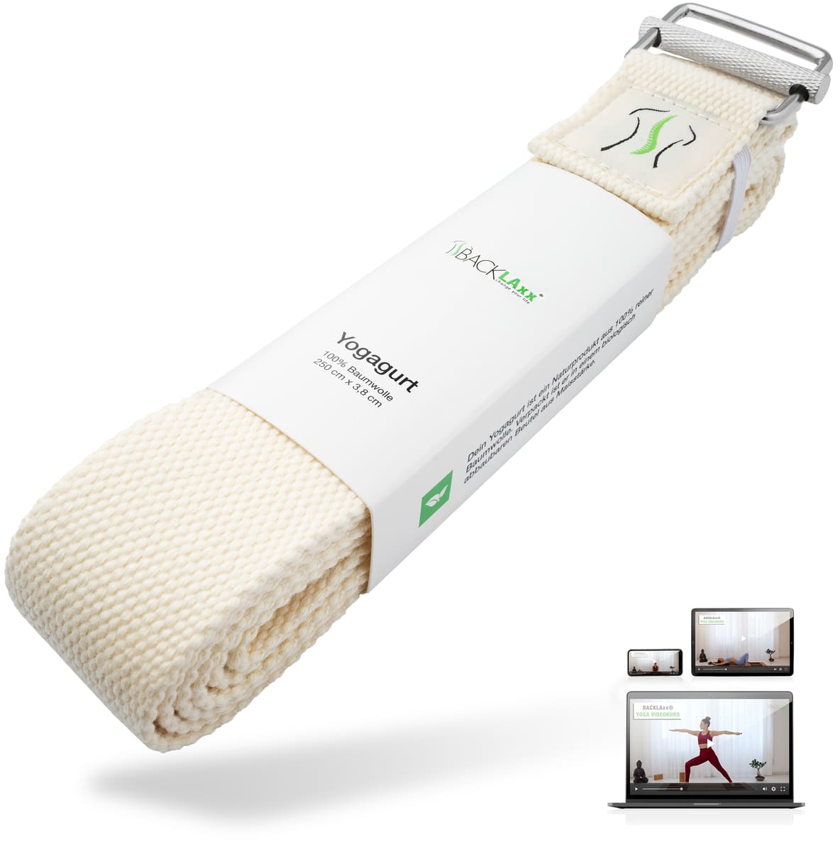 Yogagurt, neben einem Laptop mit Yoga-Video