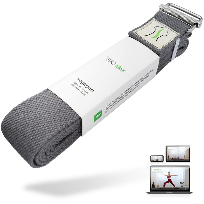 Yogagurt, neben einem Laptop mit Yoga-Video