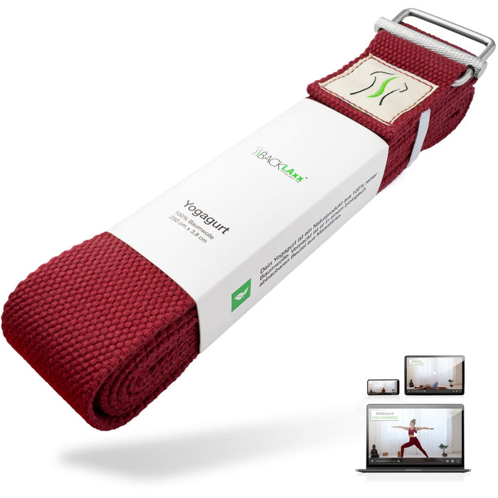 Yogagurt, neben einem Laptop mit Yoga-Video