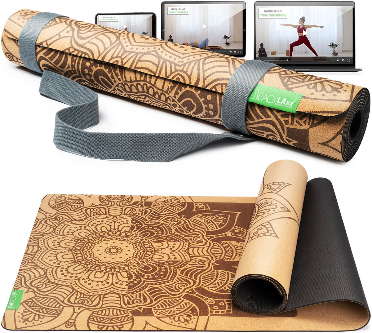 Naturfarbene Yogamatte mit braunem Muster, grauer Tragegurt, Yoga-Videokurs im Hintergrund
