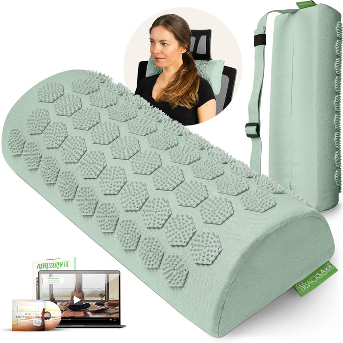 BACKLAXX Akupressur-Nackenrolle in mintgrün mit mintgrün Spitzen - Set mit Anwendungsvideo und Energieklasse-Anleitung für gezielte Nackenmassage
