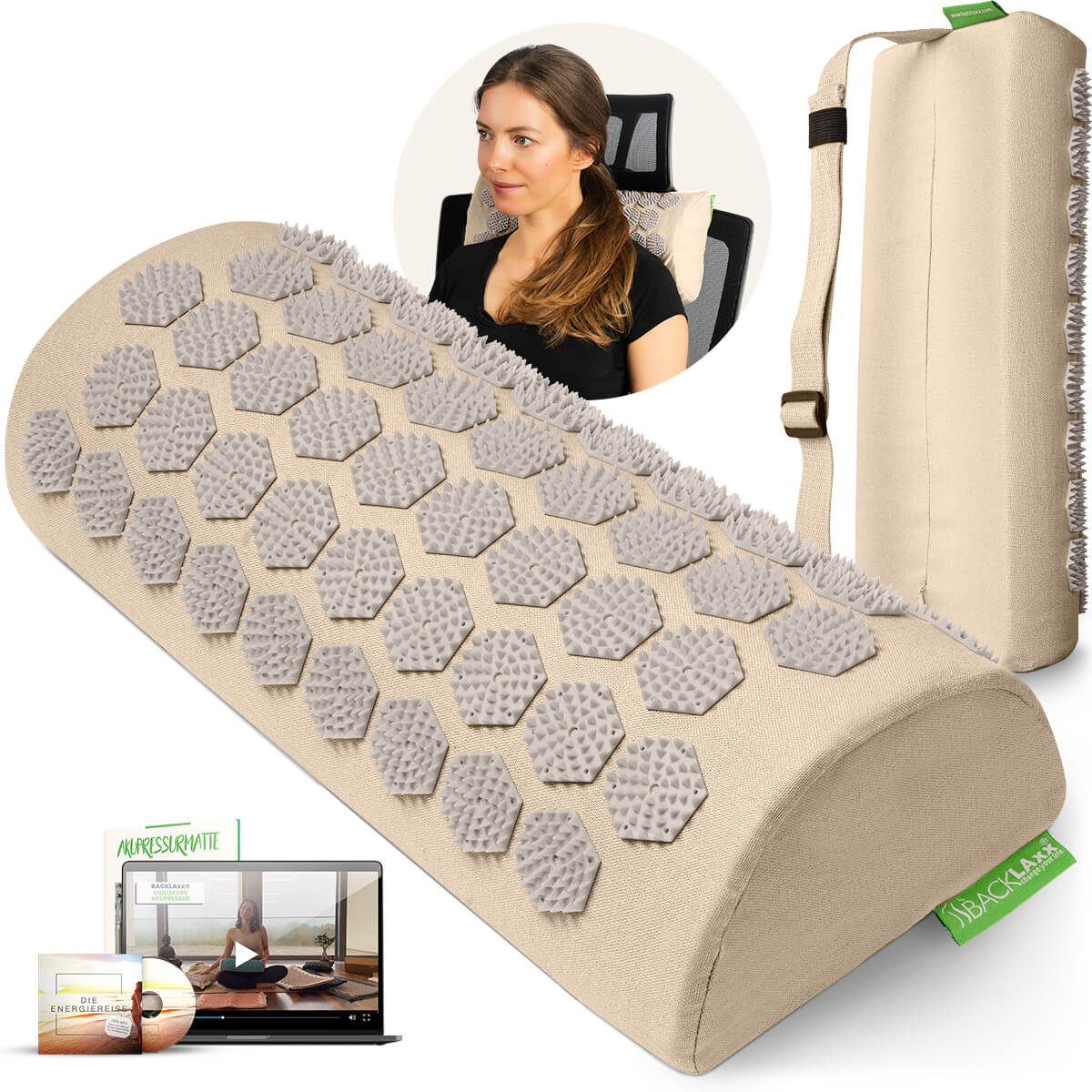 BACKLAXX Akupressur-Nackenrolle in naturfarben mit grauen Spitzen - Set mit Anwendungsvideo und Energieklasse-Anleitung für gezielte Nackenmassage
