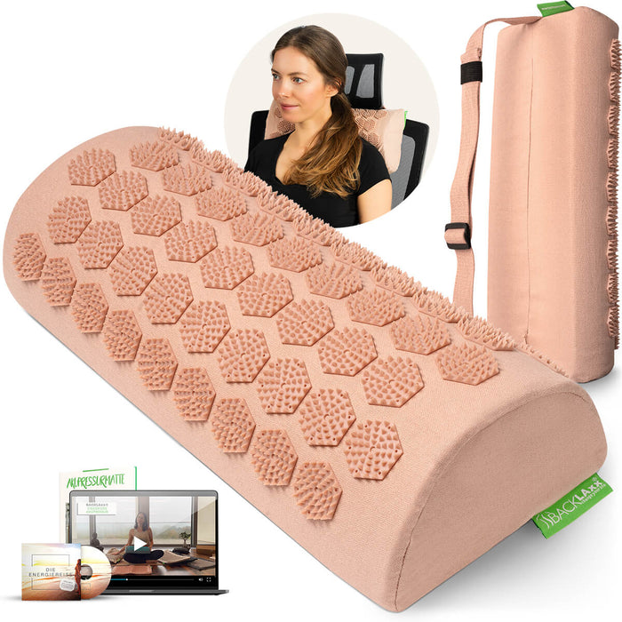 BACKLAXX Akupressur-Nackenrolle in rosé mit rosé Spitzen - Set mit Anwendungsvideo und Energieklasse-Anleitung für gezielte Nackenmassage
