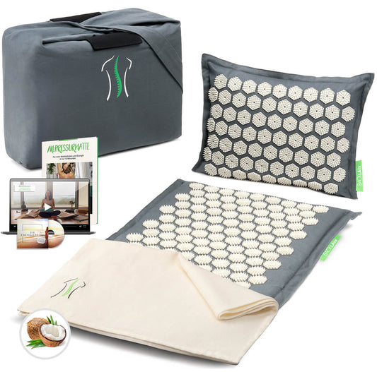 BACKLAXX Akupressur-Set Original in Grau mit Matte, Kissen und Tragetasche - Inklusive Anleitungsbooklet und digitalen Materialien für ganzheitliches Wohlbefinden
