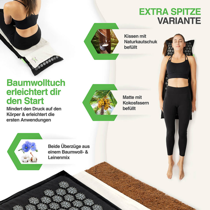 BACKLAXX Akupressurmatte Profi mit extra spitzen Elementen - Naturkautschuk-Kissen, Kokosfaser-Matte und Baumwolltuch für sanfteren Einstieg
