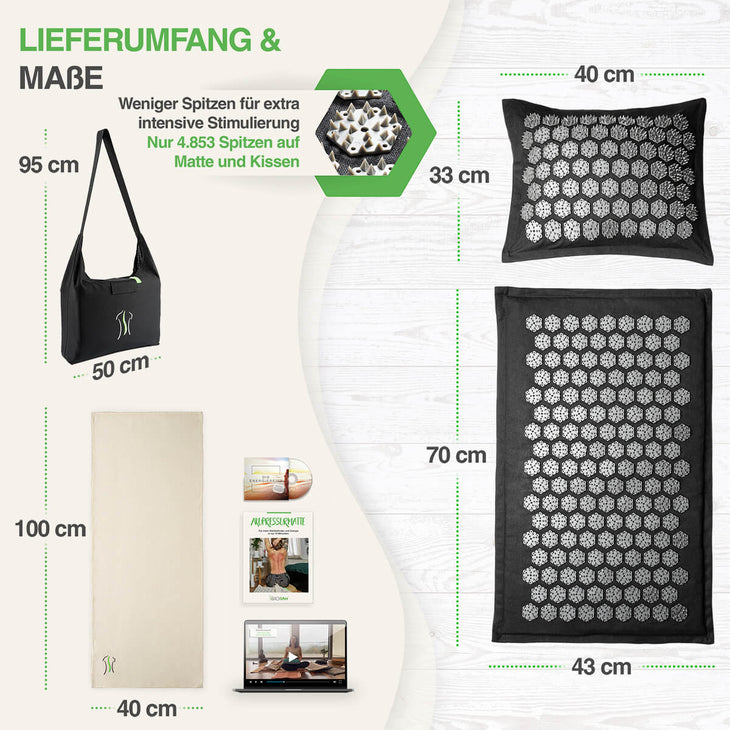 BACKLAXX Akupressurmatte Profi-Set mit nur 4.853 intensiven Druckpunkten - Matte (70x43cm), Kissen (40x33cm), Tragetasche und Anleitung für maximale Stimulation
