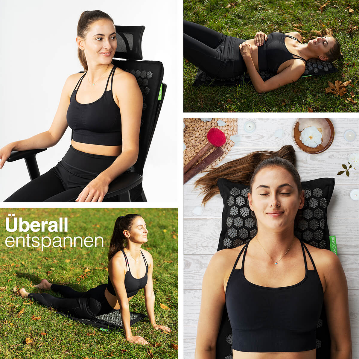 Frau mit BACKLAXX Akupressurmatte Profi als Stuhlauflage - Ergonomische Anwendung für Rücken und Gesäß im Büro oder Homeoffice
