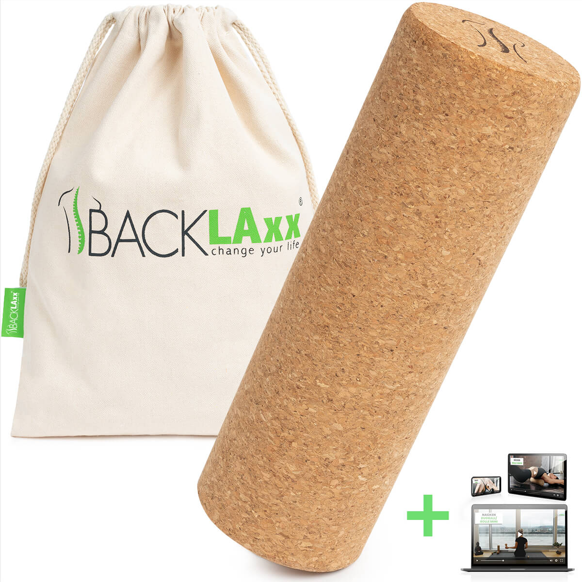 BACKLAXX Faszienrolle aus Kork mit Tragebeutel - Inklusive Online-Übungsvideos für effektive Selbstmassage und Faszientraining

