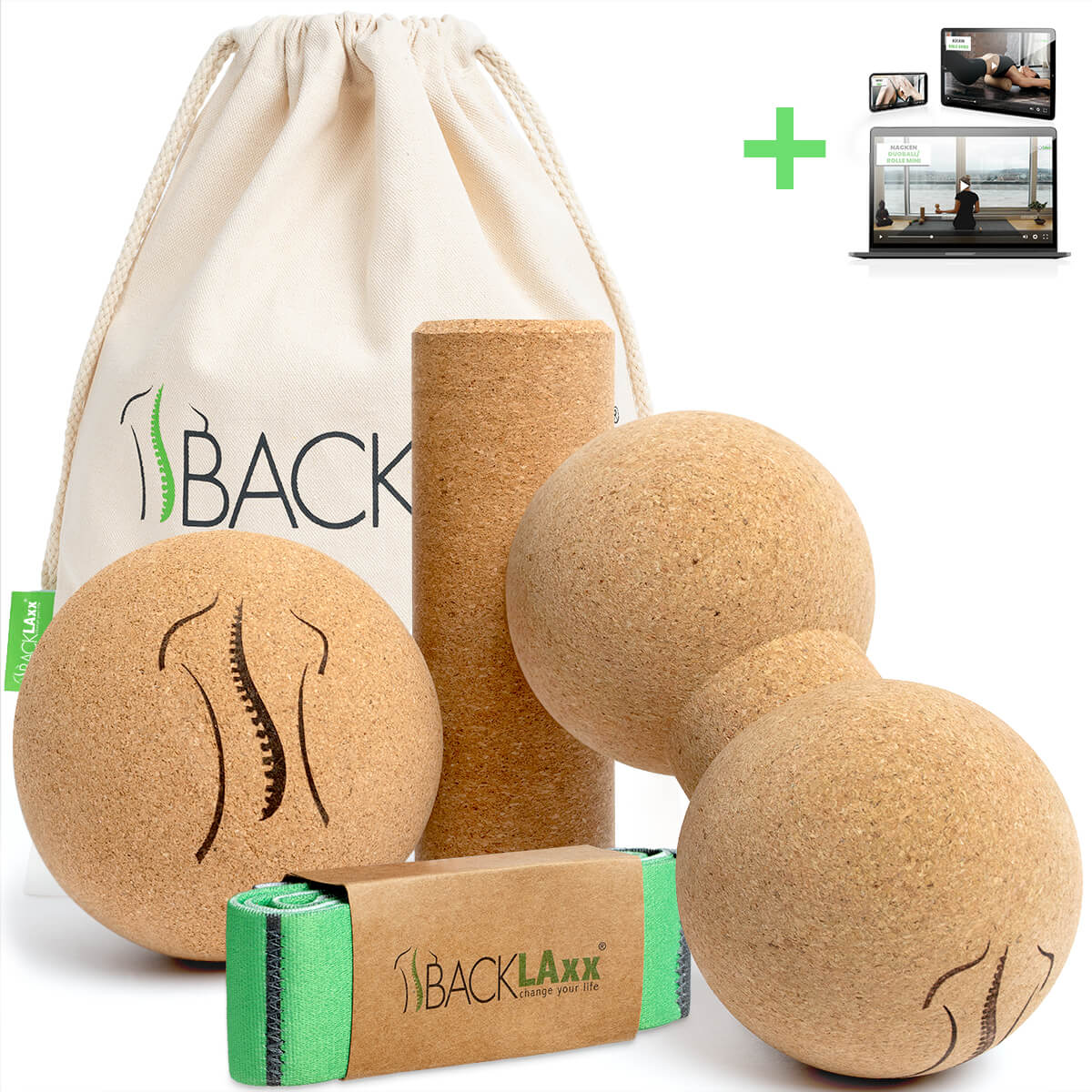 BACKLAXX Faszienmassage-Set aus Kork - Komplettpaket mit Faszienrolle, Massageballset und Gymnastikband in Tragebeutel mit digitalem Anleitungsmaterial
