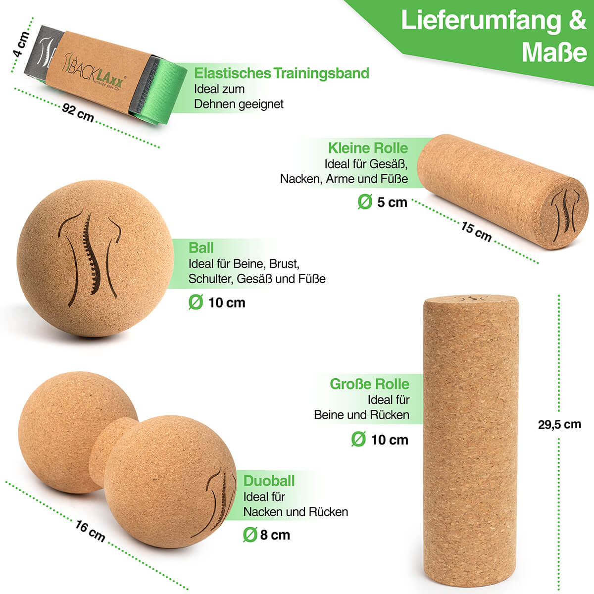BACKLAXX Faszienmassage-Set aus Kork - Große Rolle (10x29,5cm), kleine Rolle (5x15cm), Korkball (10cm), Duoball (8cm) und elastisches Trainingsband (4x92cm)
