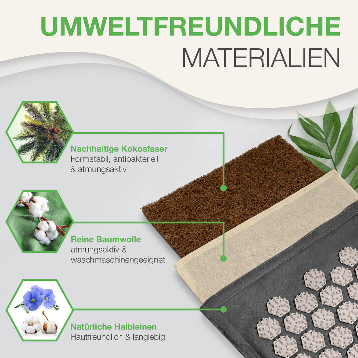BACKLAXX Akupressur-Fußmatte aus umweltfreundlichen Materialien - Nachhaltige Kokosfaser, reine Baumwolle und natürliches Halbleinen für hautfreundliche Anwendung
