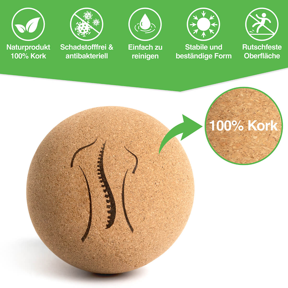 BACKLAXX Kork-Massageball aus 100% Naturprodukt - Schadstofffrei, antibakteriell, leicht zu reinigen, formstabil und mit rutschfester Oberfläche
