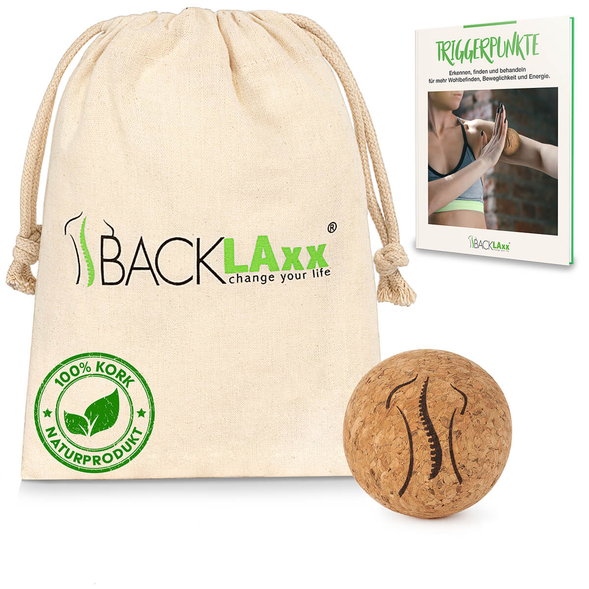 BACKLAXX Massageball (5cm) aus 100% Kork mit Wirbelsäulen-Gravur - Set mit Tragebeutel und Triggerpunkt-Anleitung für mehr Wohlbefinden und Beweglichkeit
