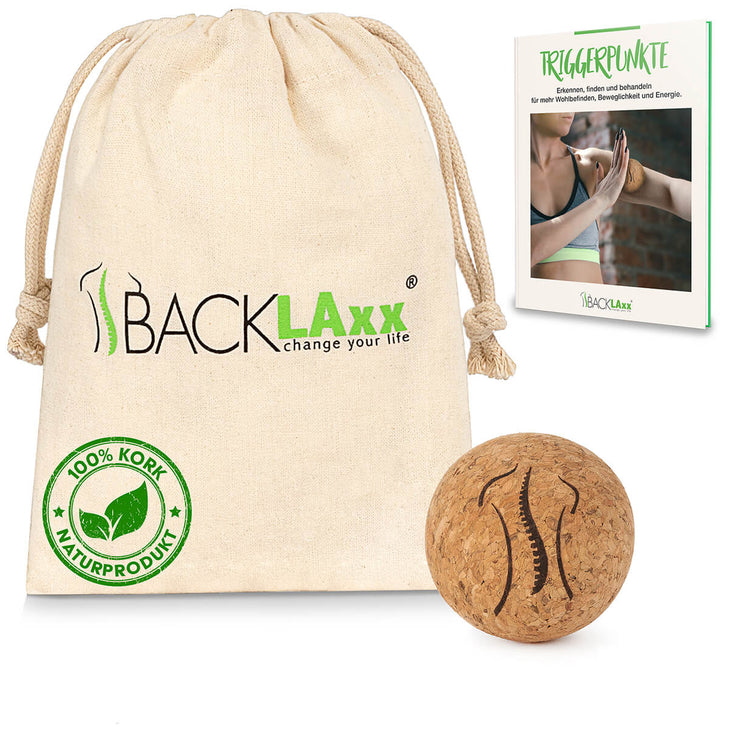 BACKLAXX Massageball (5cm) aus 100% Kork mit Wirbelsäulen-Gravur - Set mit Tragebeutel und Triggerpunkt-Anleitung für mehr Wohlbefinden und Beweglichkeit
