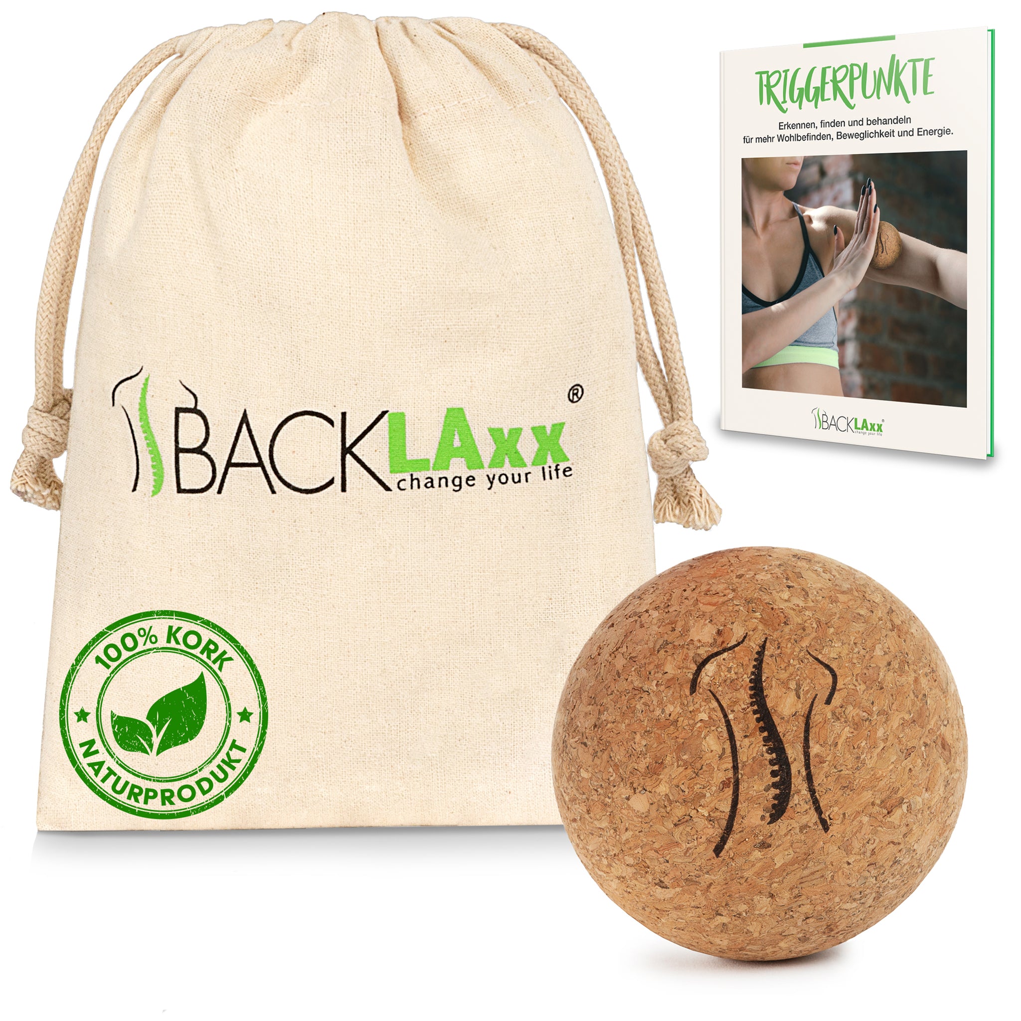BACKLAXX Massageball aus 100% Kork mit Wirbelsäulen-Gravur - Set mit Naturfaser-Beutel und Triggerpunkt-Anleitung für gezielte Selbstmassage
