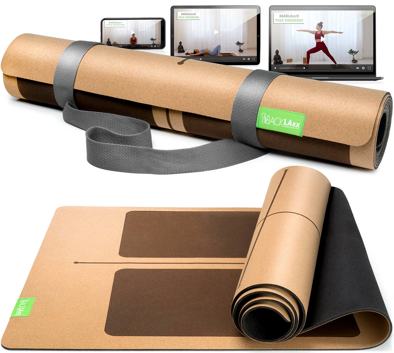 BACKLAXX Kork-Yogamatte mit zweifarbigem Design und Ausrichtungslinien - Set mit Tragegurt und Online-Yoga-Videokursen für präzise und natürliche Übungspraxis
