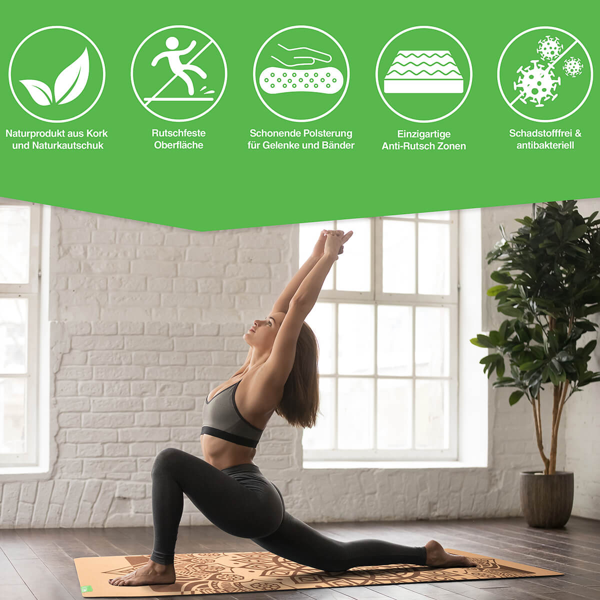 BACKLAXX Kork-Yogamatte mit fünf Vorteilen - Naturprodukt aus Kork mit rutschfester Oberfläche, Gelenkpolsterung, Anti-Rutsch-Zonen und antibakterieller Wirkung
