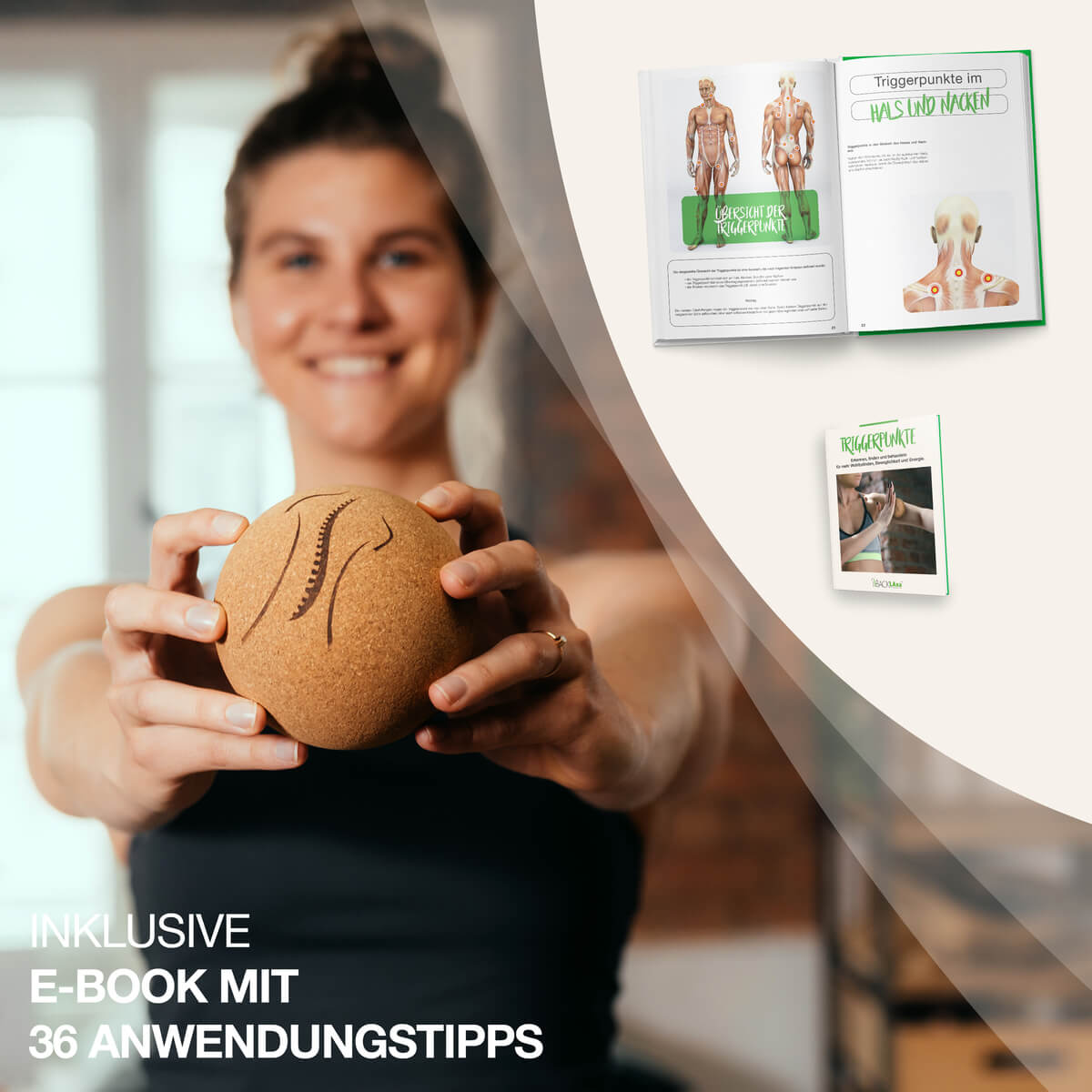 BACKLAXX Massageball aus Kork mit inklusivem E-Book - 36 Anwendungstipps zu Triggerpunkten im Hals- und Nackenbereich für gezielte Selbstmassage
