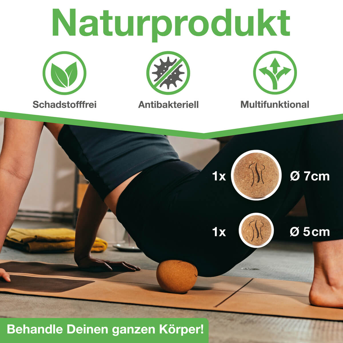 BACKLAXX Massageball-Set mit 7cm und 5cm Durchmesser - Schadstofffreies, antibakterielles Naturprodukt für multifunktionale Selbstmassage des ganzen Körpers
