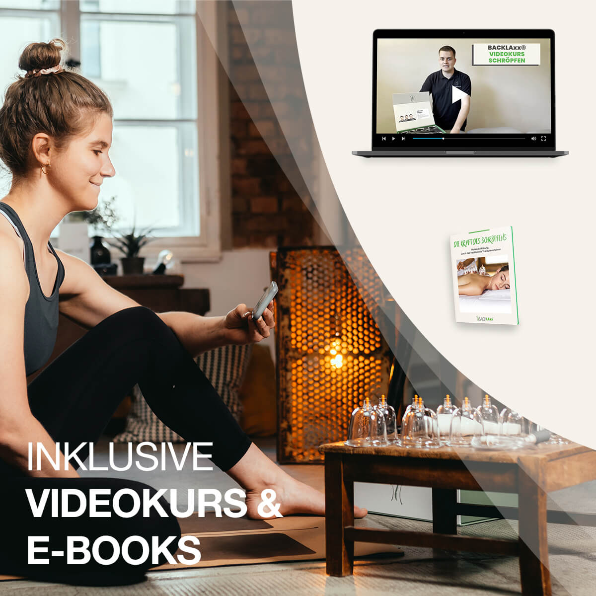Frau nutzt BACKLAXX Schröpfglas-Set mit digitalem Videokurs und E-Books - Umfassende Anleitung für effektive Selbstanwendung in gemütlicher Wohnatmosphäre
