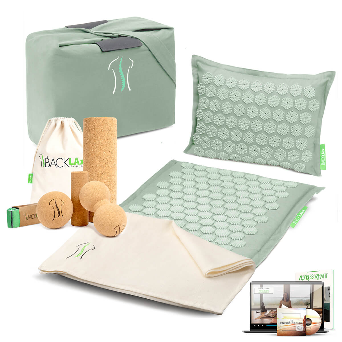 BACKLAXX Wellness-Set mit gletschermint Akupressurmatte, Korkfaszienrollenset, Tragetaschen und Online-Anleitung - Komplettlösung für Entspannung und Selbstmassage
