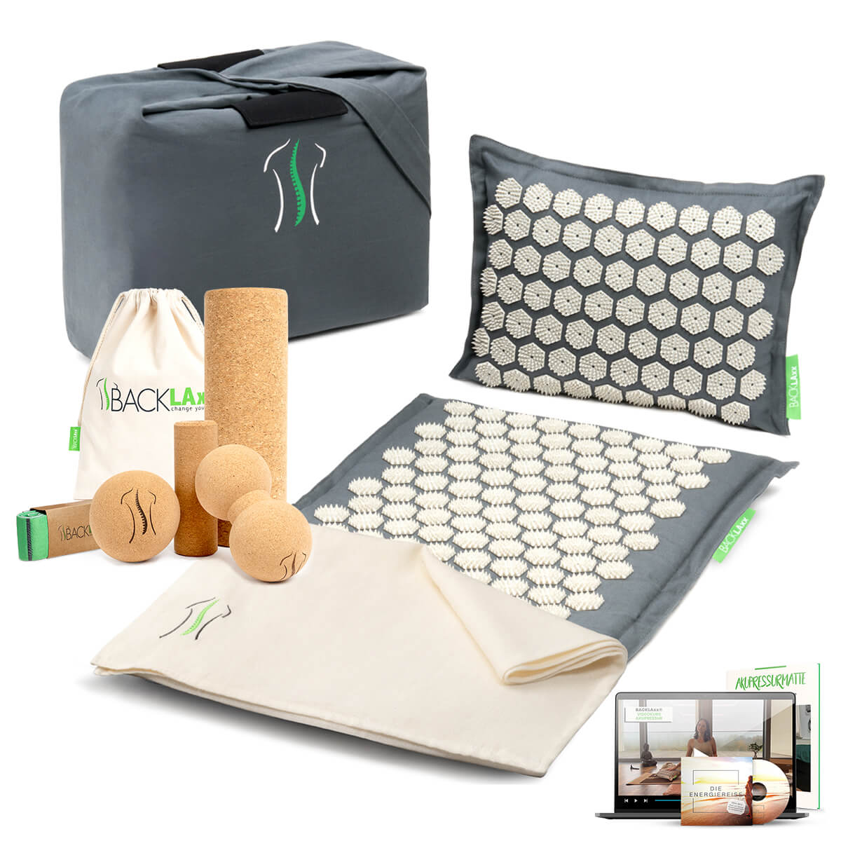 BACKLAXX Wellness-Set mit grauer Akupressurmatte, Korkfaszienrolle, Tragetaschen und Online-Anleitung - Komplettlösung für Entspannung und Selbstmassage
