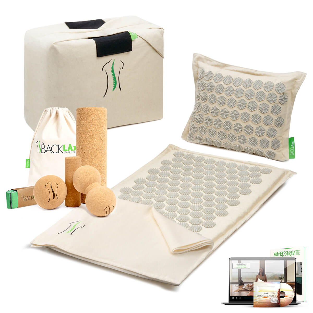 BACKLAXX Wellness-Set mit naturhell Akupressurmatte, Korkfaszienrollen-set, Tragetaschen und Online-Anleitung - Komplettlösung für Entspannung und Selbstmassage
