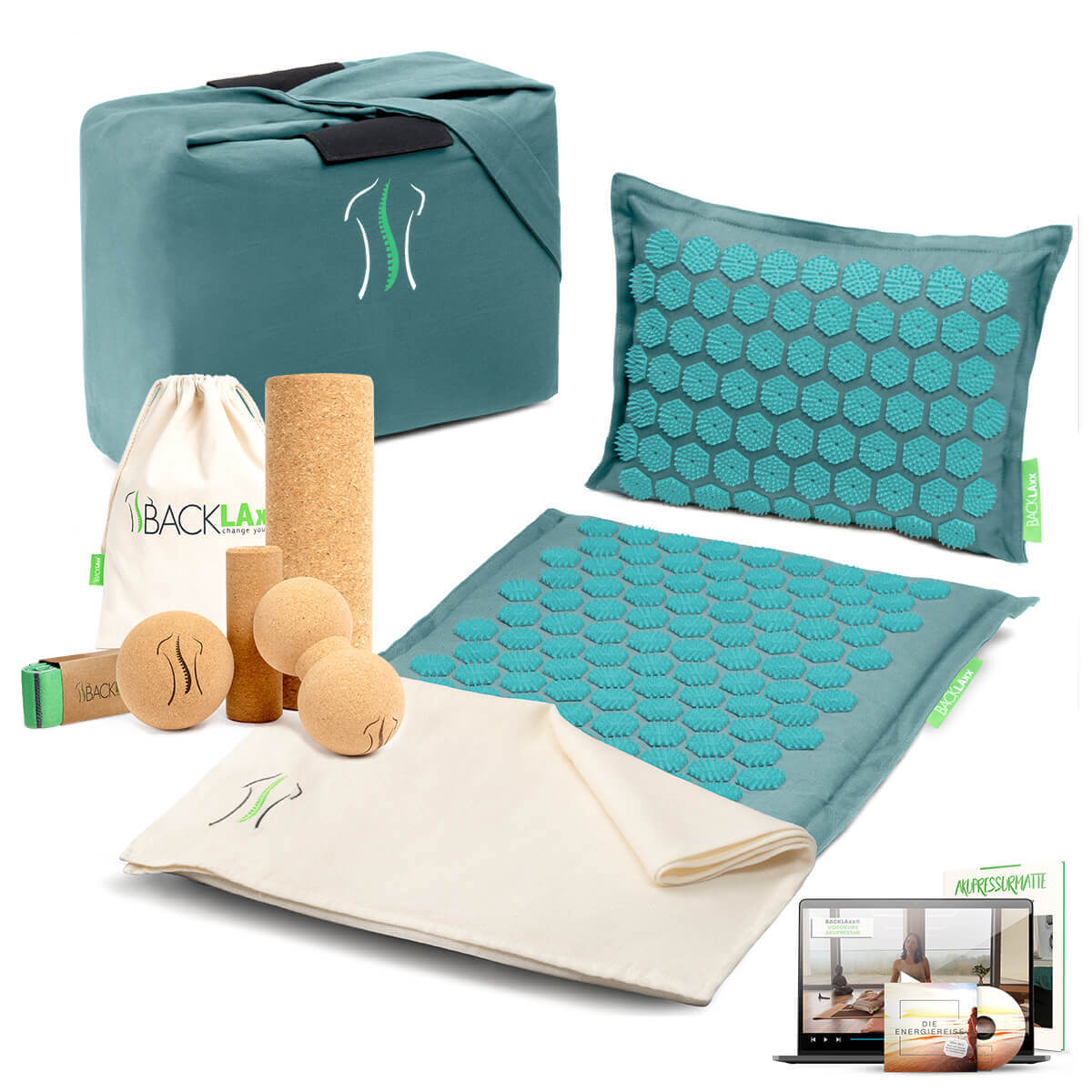 BACKLAXX Wellness-Set mit ozeantuerkis Akupressurmatte, Korkfaszienrollen-set, Tragetaschen und Online-Anleitung - Komplettlösung für Entspannung und Selbstmassage
