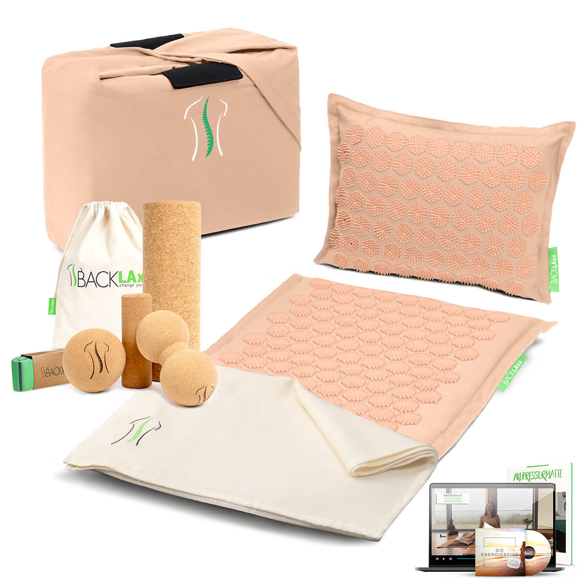 BACKLAXX Wellness-Set mit pastellrose Akupressurmatte, Korkfaszienrollen-set, Tragetaschen und Online-Anleitung - Komplettlösung für Entspannung und Selbstmassage