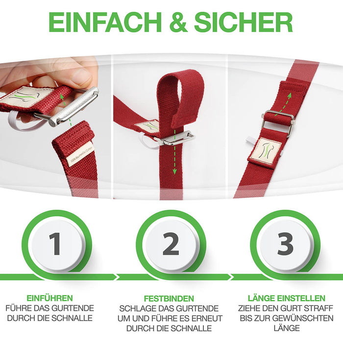 BACKLAXX Yogagurt mit einfacher und sicherer Schnallenbedienung - Dreistufige Anleitung zur korrekten Einstellung des roten Baumwollgurts
