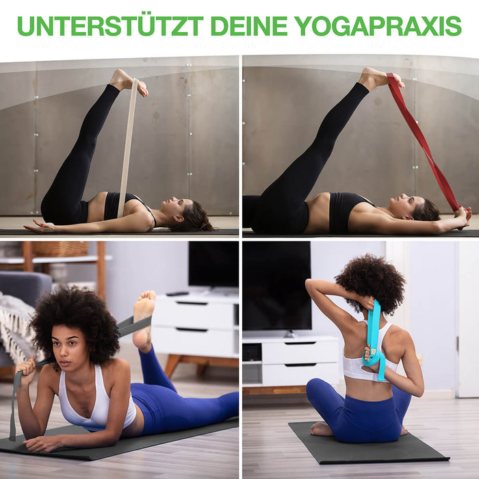 BACKLAXX Yogagurt unterstützt vielseitige Yogapraktiken - Vier verschiedene Anwendungen für Beindehnungen und Schulteröffnungen in verschiedenen Körperpositionen
