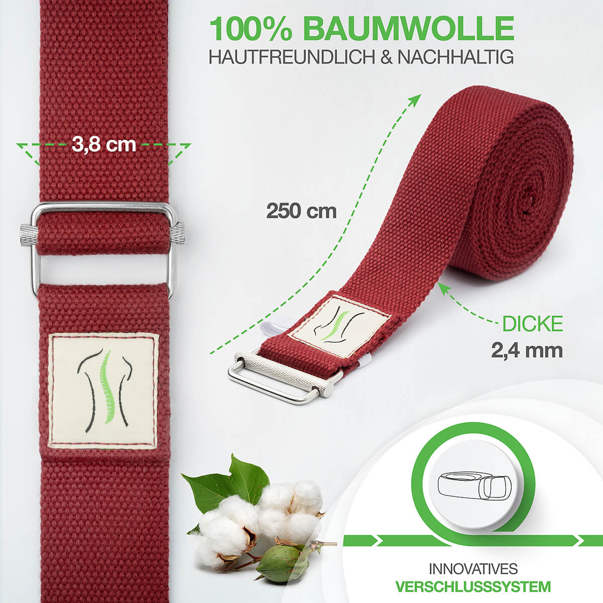 BACKLAXX Yogagurt aus 100% hautfreundlicher Baumwolle - 250cm lang, 3,8cm breit und 2,4mm dick mit innovativem Metallverschlusssystem für nachhaltiges Training
