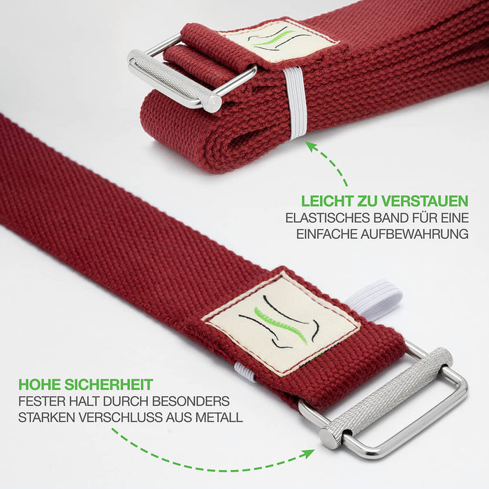 BACKLAXX Yogagurt mit elastischem Aufbewahrungsband und stabilem Metallverschluss - Leicht zu verstauen und besonders sicherer Halt für vielseitige Yoga-Übungen
