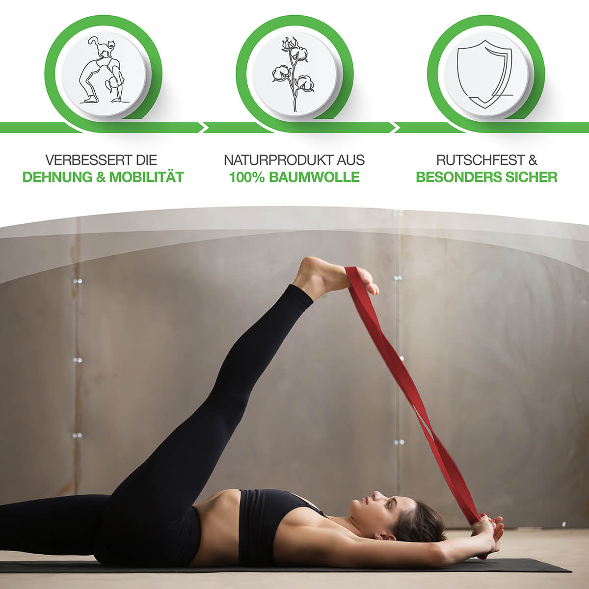 BACKLAXX Yogagurt verbessert Dehnung und Mobilität - 100% Baumwolle Naturprodukt mit rutschfester Sicherheit für effektive Beindehnungen
