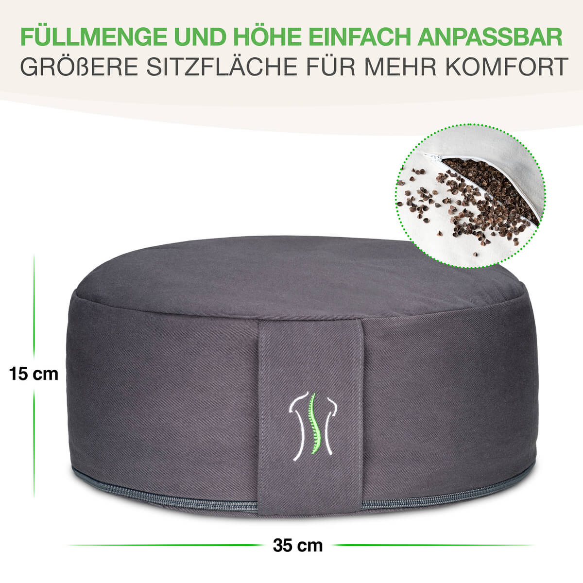 BACKLAXX Yogakissen mit 35cm Durchmesser und 15cm Höhe - Großzügige Sitzfläche mit einfach anpassbarer Füllmenge für individuellen Komfort bei Meditation
