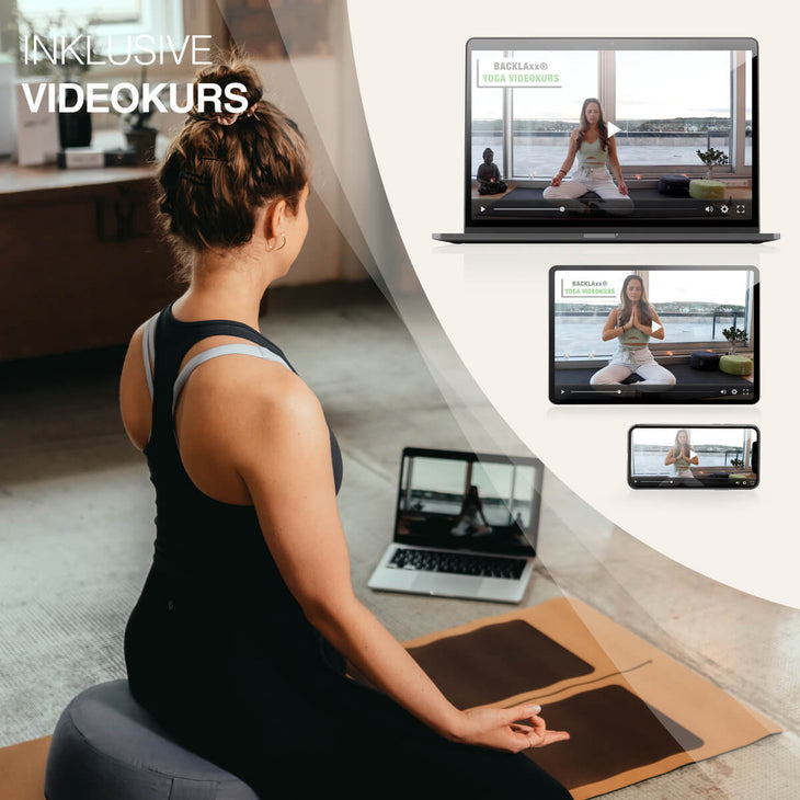 BACKLAXX Yogakissen mit inklusivem Yoga-Videokurs - Zugänglich auf verschiedenen Geräten für flexible Meditations- und Übungsmöglichkeiten zuhause
