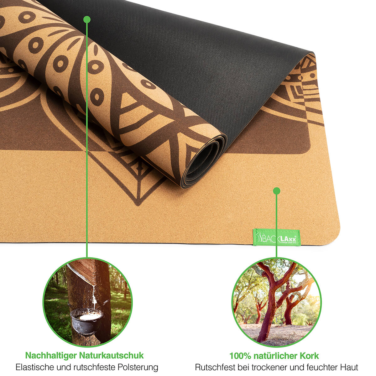 BACKLAXX Yogamatte mit Korkoberfläche und Naturkautschuk-Unterseite - Elegantes Mandala-Design kombiniert mit nachhaltigen Materialien für optimalen Halt
